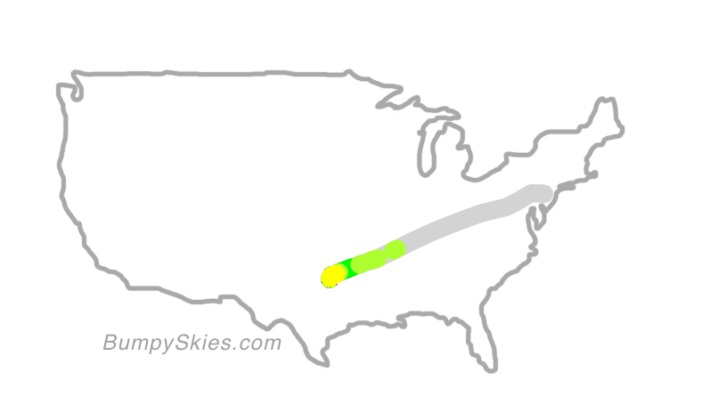 Map of continental US with illustrated flight path and turbulence forecast (described in text below)