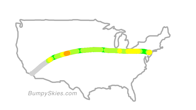 Map of continental US with illustrated flight path and turbulence forecast (described in text below)