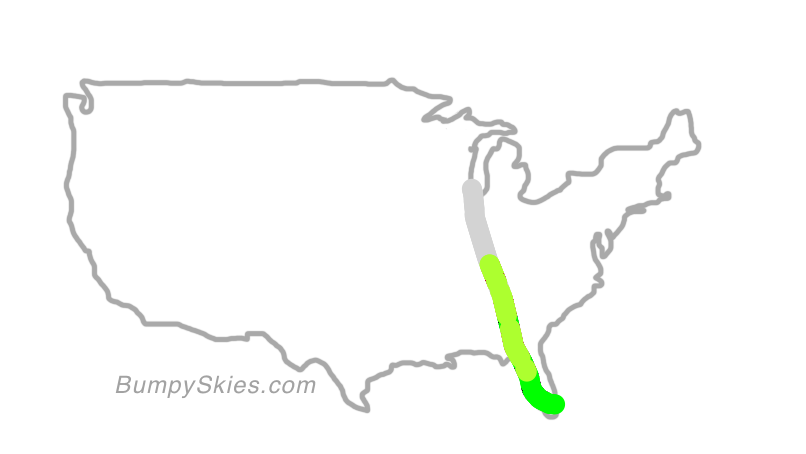 Map of continental US with illustrated flight path and turbulence forecast (described in text below)