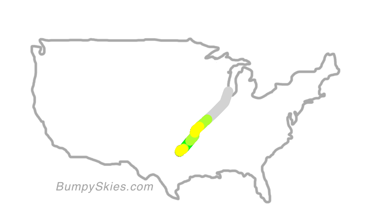 Map of continental US with illustrated flight path and turbulence forecast (described in text below)
