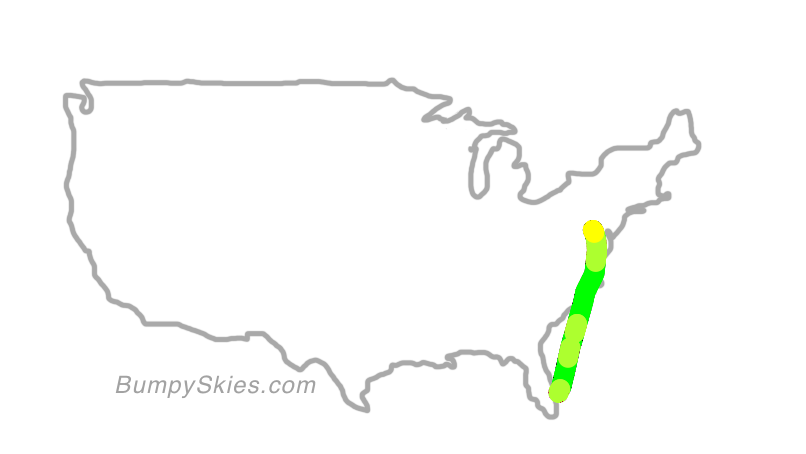 Map of continental US with illustrated flight path and turbulence forecast (described in text below)