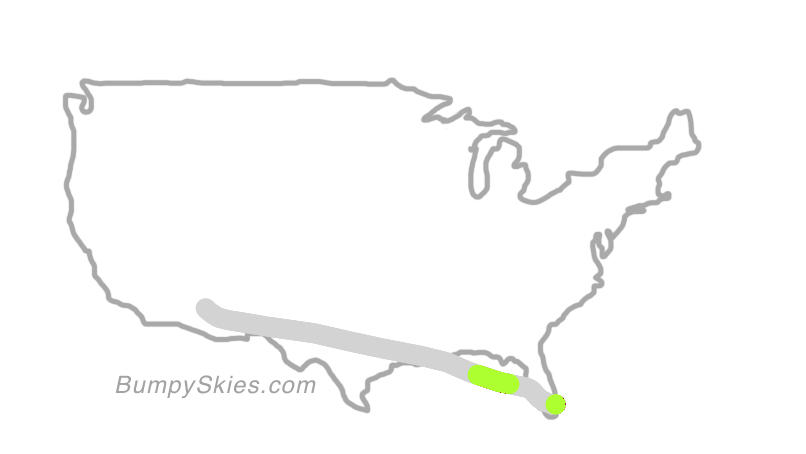 Map of continental US with illustrated flight path and turbulence forecast (described in text below)
