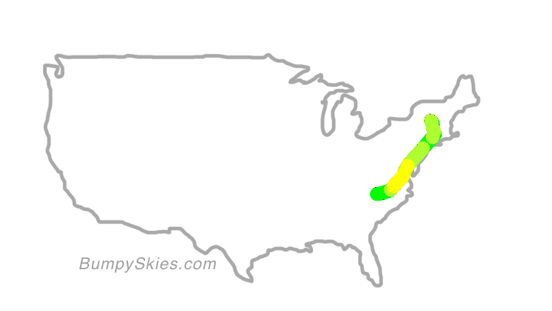 Map of continental US with illustrated flight path and turbulence forecast (described in text below)