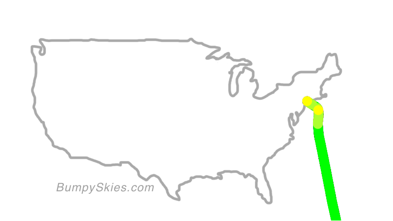 Map of continental US with illustrated flight path and turbulence forecast (described in text below)