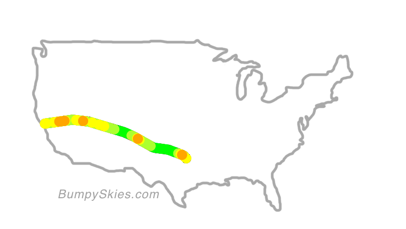 Map of continental US with illustrated flight path and turbulence forecast (described in text below)