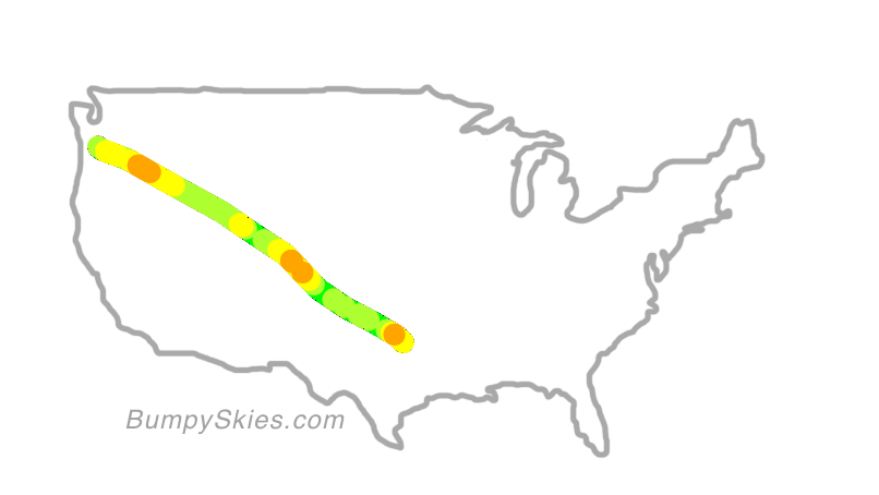 Map of continental US with illustrated flight path and turbulence forecast (described in text below)