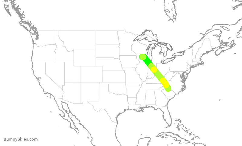 Turbulence forecast map for AAL304, MSN to CLT
