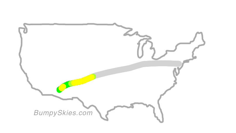 Map of continental US with illustrated flight path and turbulence forecast (described in text below)