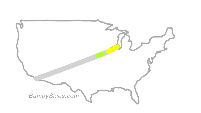 Map of continental US with illustrated flight path and turbulence forecast (described in text below)