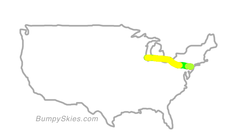 Map of continental US with illustrated flight path and turbulence forecast (described in text below)