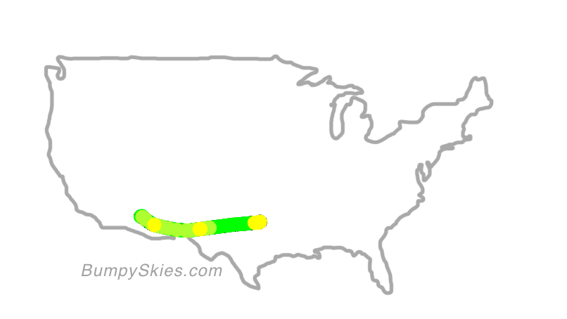 Map of continental US with illustrated flight path and turbulence forecast (described in text below)