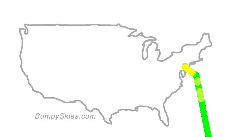 Map of continental US with illustrated flight path and turbulence forecast (described in text below)