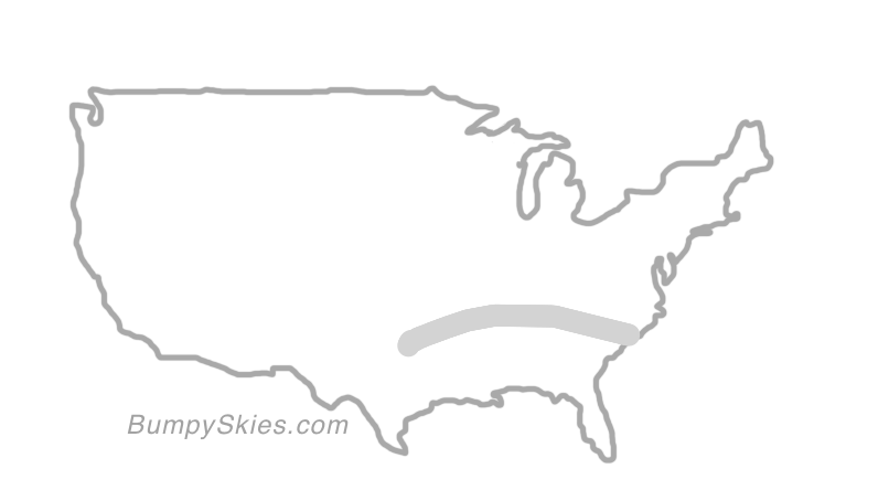 Map of continental US with illustrated flight path and turbulence forecast (described in text below)