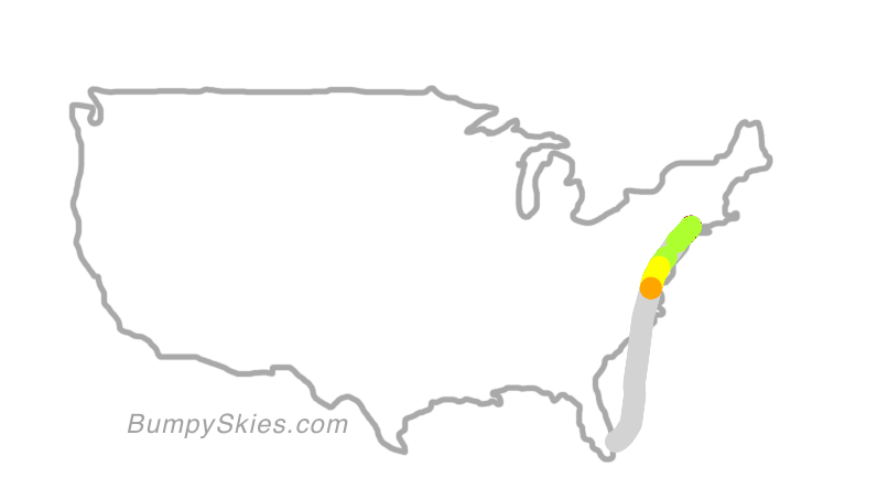 Map of continental US with illustrated flight path and turbulence forecast (described in text below)