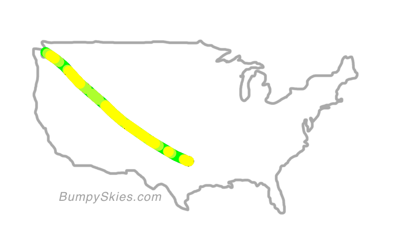 Map of continental US with illustrated flight path and turbulence forecast (described in text below)