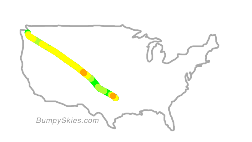 Map of continental US with illustrated flight path and turbulence forecast (described in text below)