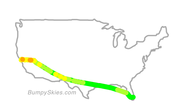 Map of continental US with illustrated flight path and turbulence forecast (described in text below)