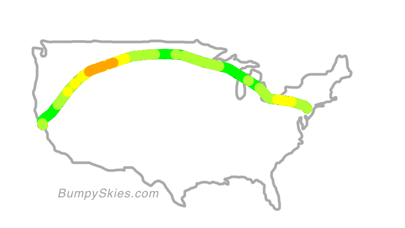 Map of continental US with illustrated flight path and turbulence forecast (described in text below)