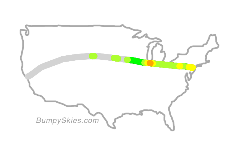 Map of continental US with illustrated flight path and turbulence forecast (described in text below)