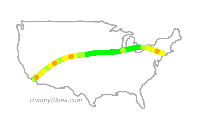 Map of continental US with illustrated flight path and turbulence forecast (described in text below)