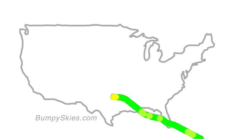 Map of continental US with illustrated flight path and turbulence forecast (described in text below)
