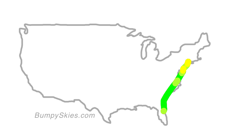 Map of continental US with illustrated flight path and turbulence forecast (described in text below)