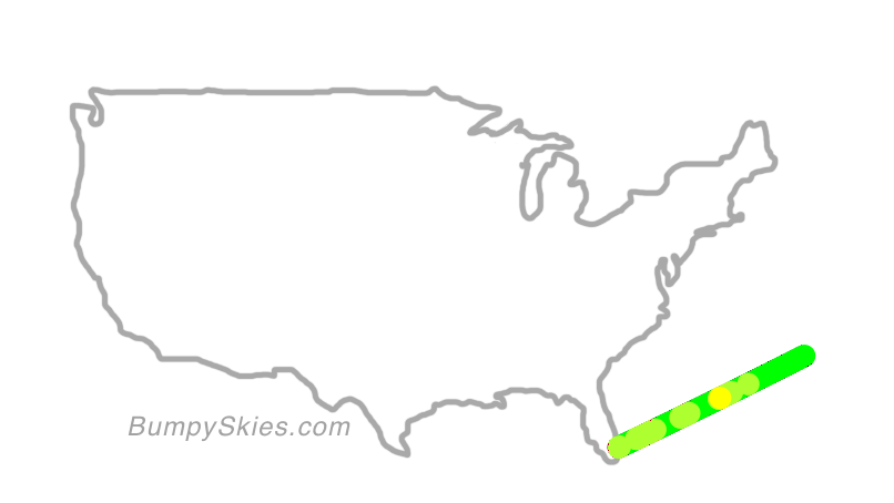 Map of continental US with illustrated flight path and turbulence forecast (described in text below)