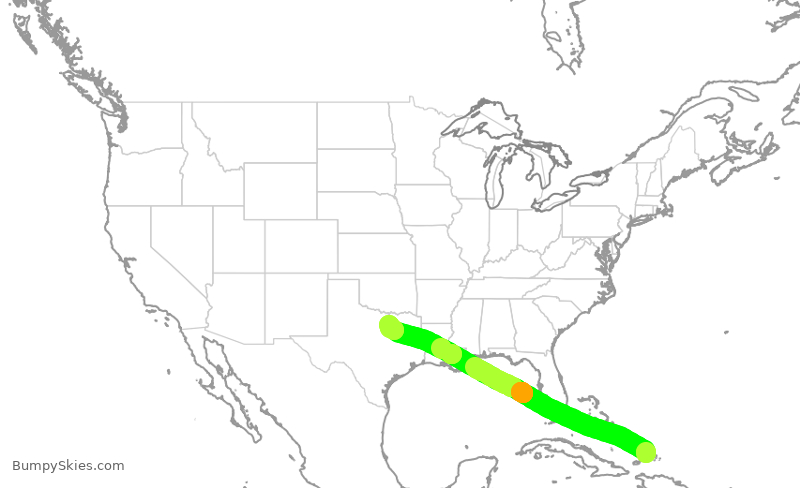 Turbulence forecast map for AAL3092, PLS to DFW