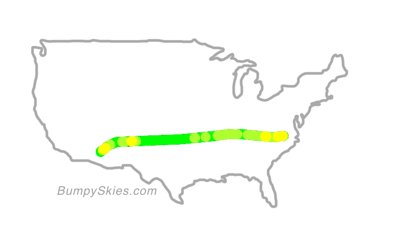 Map of continental US with illustrated flight path and turbulence forecast (described in text below)