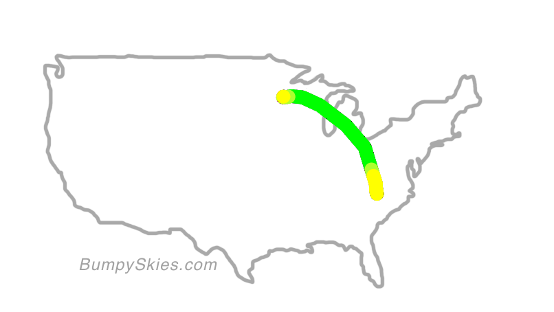 Map of continental US with illustrated flight path and turbulence forecast (described in text below)