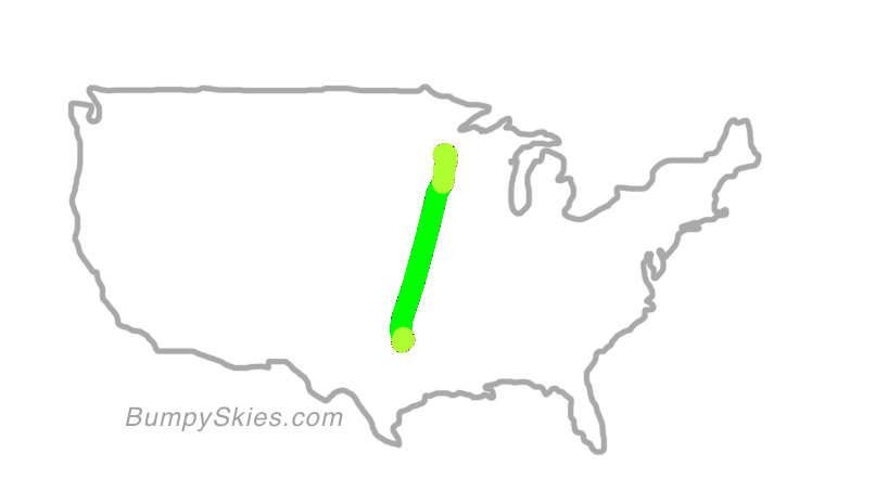 Map of continental US with illustrated flight path and turbulence forecast (described in text below)