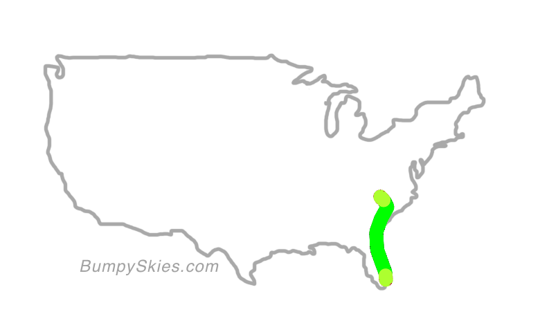 Map of continental US with illustrated flight path and turbulence forecast (described in text below)