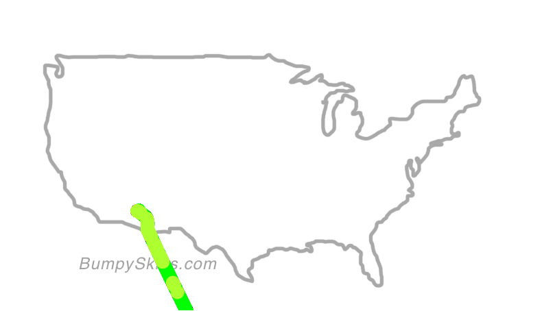 Map of continental US with illustrated flight path and turbulence forecast (described in text below)