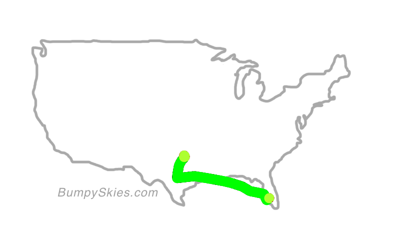 Map of continental US with illustrated flight path and turbulence forecast (described in text below)