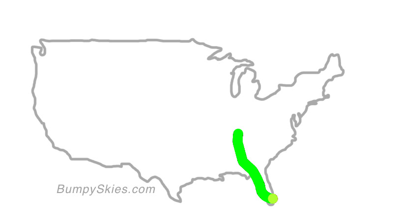 Map of continental US with illustrated flight path and turbulence forecast (described in text below)
