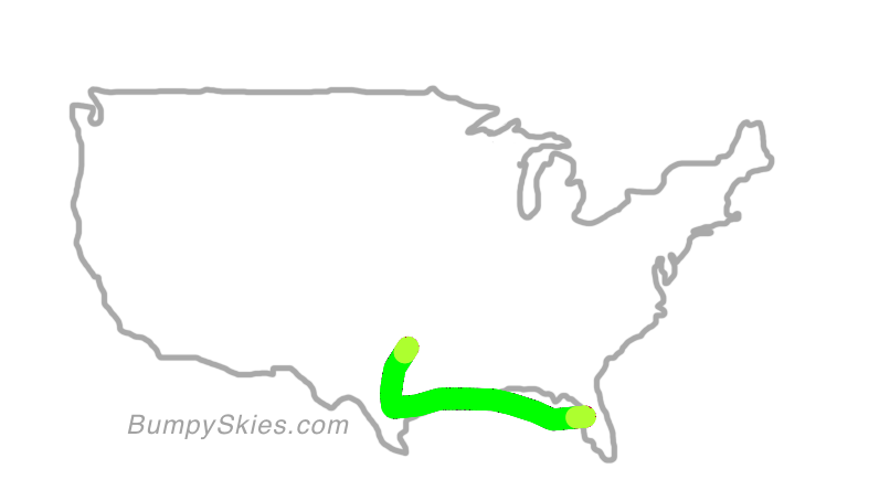 Map of continental US with illustrated flight path and turbulence forecast (described in text below)