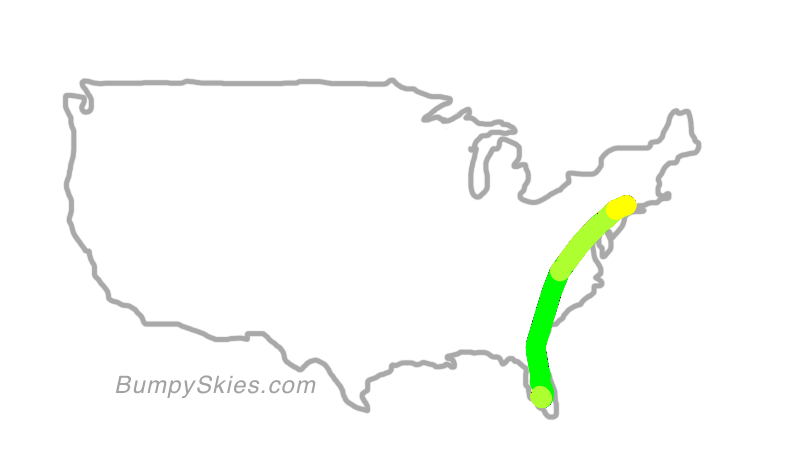 Map of continental US with illustrated flight path and turbulence forecast (described in text below)
