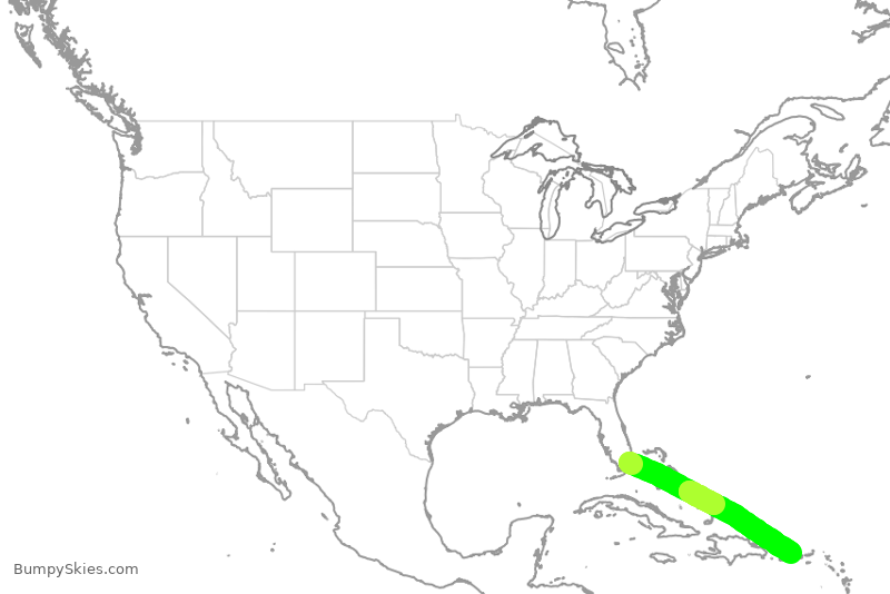 Turbulence forecast map for AAL3115, MIA to JSJ