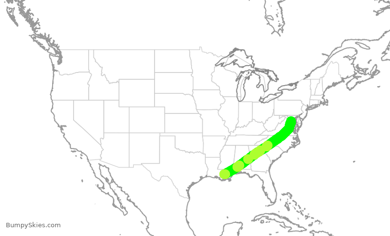 Turbulence forecast map for AAL3126, MSY to DCA