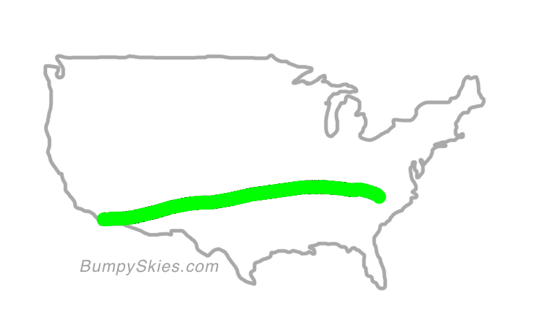Map of continental US with illustrated flight path and turbulence forecast (described in text below)