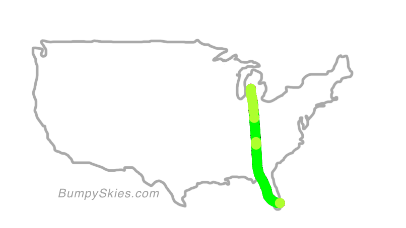 Map of continental US with illustrated flight path and turbulence forecast (described in text below)