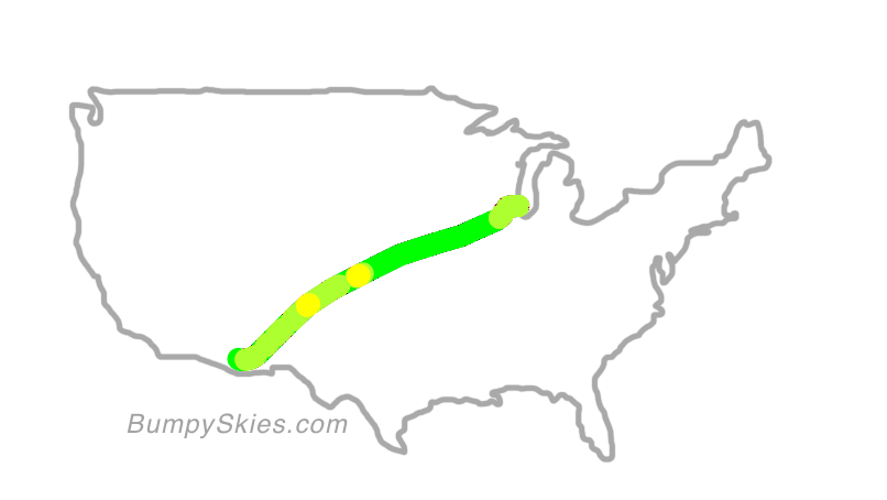 Map of continental US with illustrated flight path and turbulence forecast (described in text below)