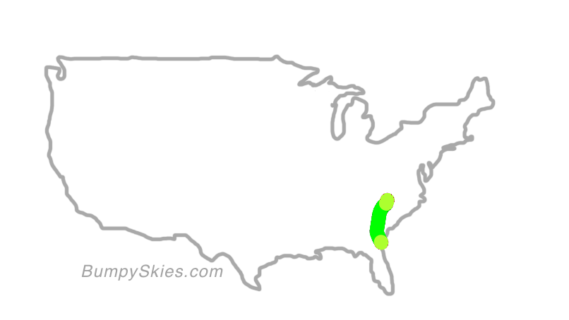 Map of continental US with illustrated flight path and turbulence forecast (described in text below)