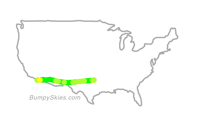 Map of continental US with illustrated flight path and turbulence forecast (described in text below)