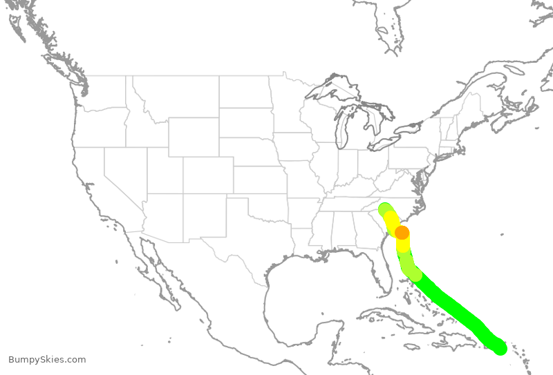 Turbulence forecast map for AAL3131, ISX to CLT