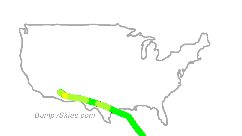 Map of continental US with illustrated flight path and turbulence forecast (described in text below)