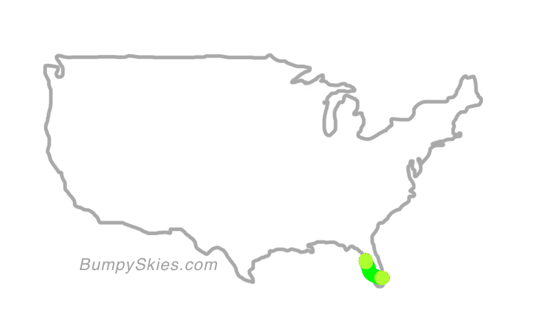 Map of continental US with illustrated flight path and turbulence forecast (described in text below)