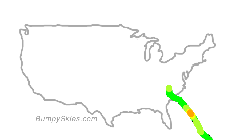 Map of continental US with illustrated flight path and turbulence forecast (described in text below)