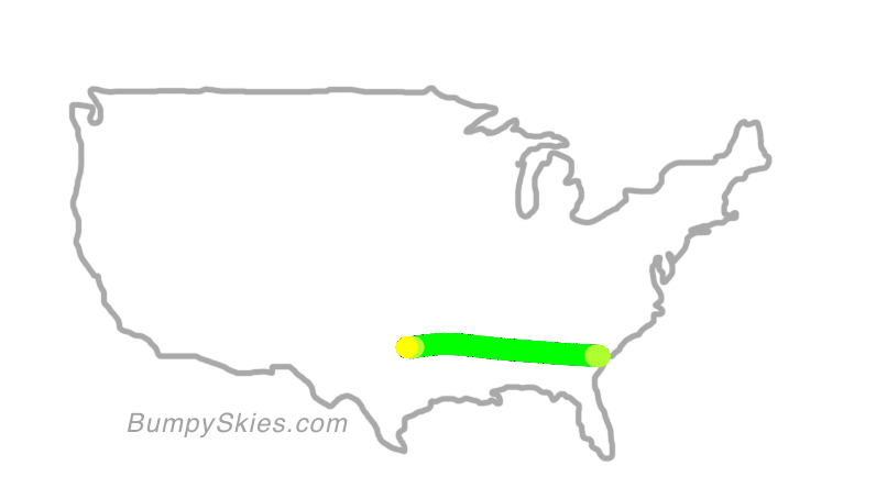 Map of continental US with illustrated flight path and turbulence forecast (described in text below)