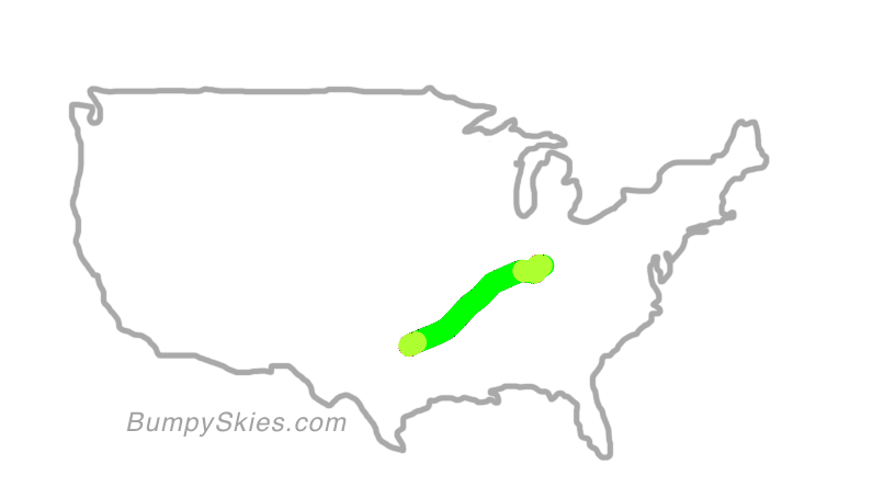 Map of continental US with illustrated flight path and turbulence forecast (described in text below)